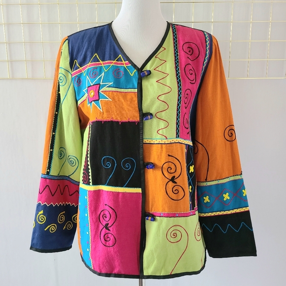indigo moon Jackets & Blazers - Indigo Moon Art to Wear Patchwork Color Block Flax Blend Jacket